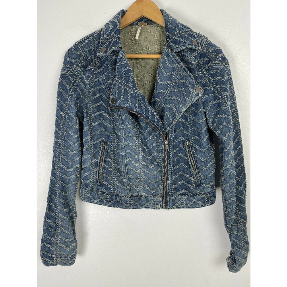 Free People Sz 4 Blue Denim Punched Moto Jacket
